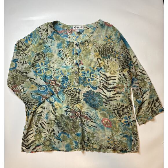 We Be Bop Plus 1X Sheer Floral Tunic Top Blouse Shirt Simmer Art To Wear - Picture 1 of 7